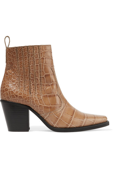 Croc-effect leather ankle boots