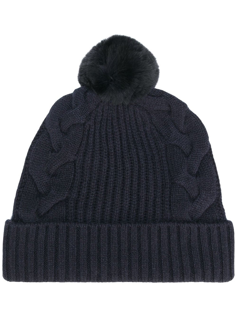 fur bobble cable beanie