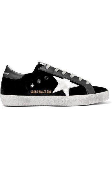 Superstar distressed velvet and leather sneakers