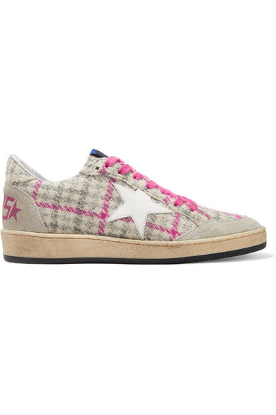 Ball Star tweed, leather and distressed glittered suede sneakers