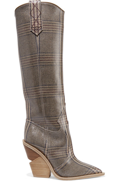 Prince of Wales checked coated-canvas knee boots