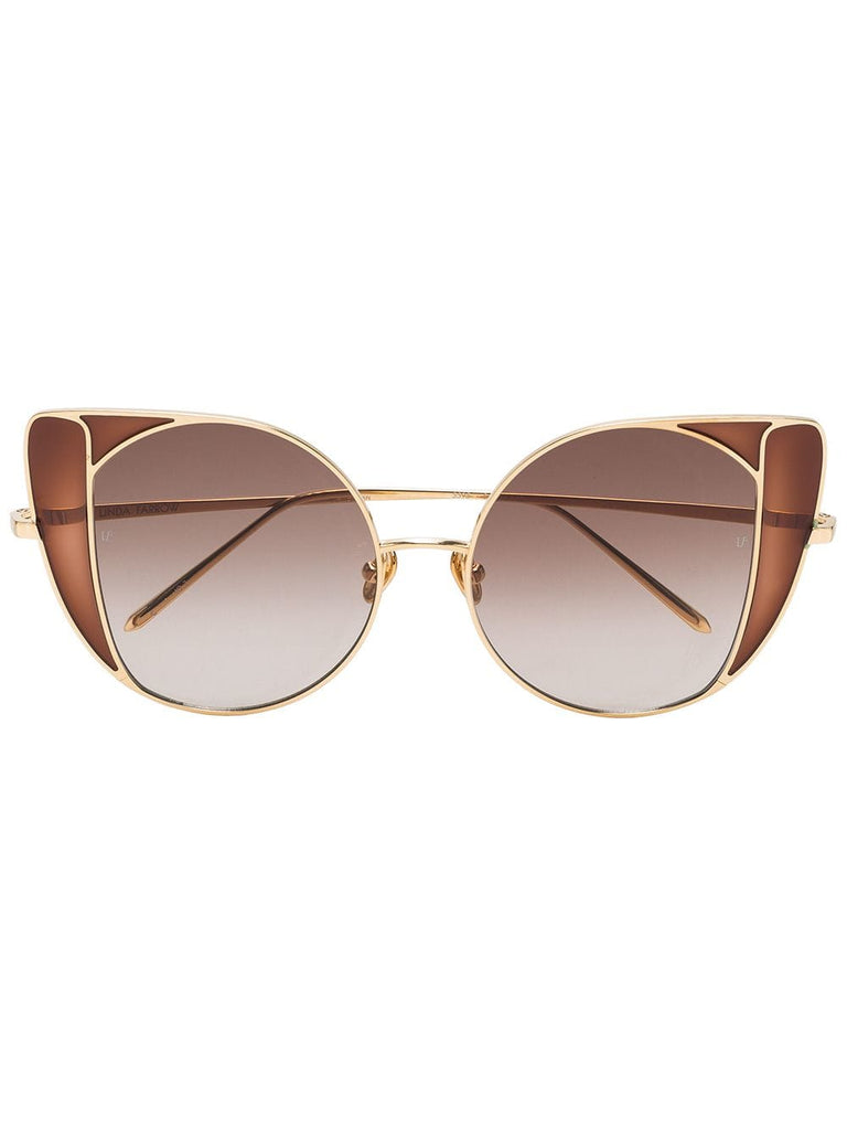 brown and gold tinted wide cat eye sunglasses