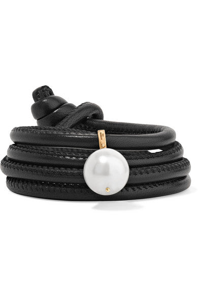 Convertible leather, 14-karat gold and pearl bracelet