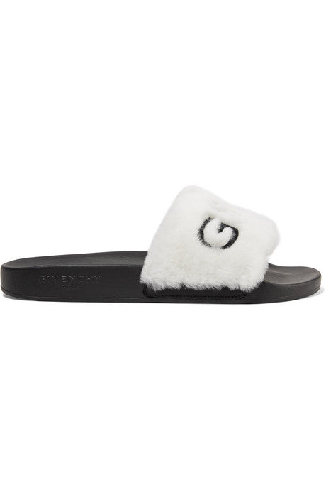 Logo-embroidered shearling slides