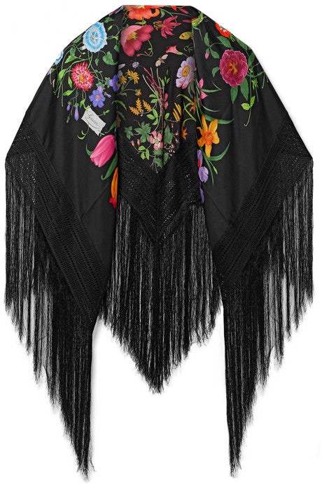 Fringed macramé-trimmed floral-print silk-twill scarf