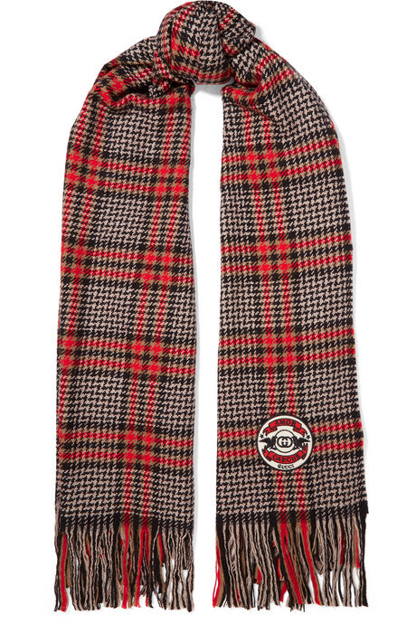 Fringed houndstooth wool, silk and cashmere-blend scarf