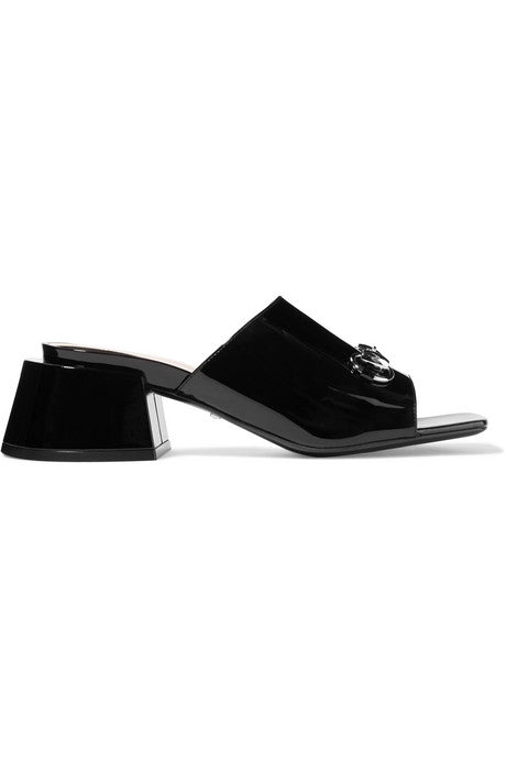 Horsebit-detailed patent-leather mules