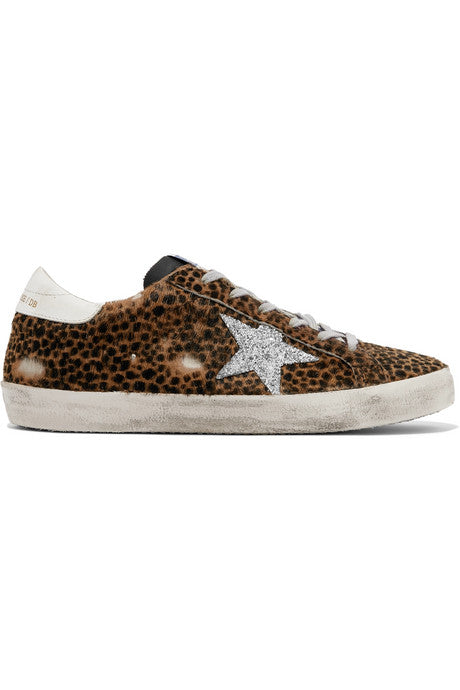 Superstar glittered leather and distressed leopard-print calf hair sneakers