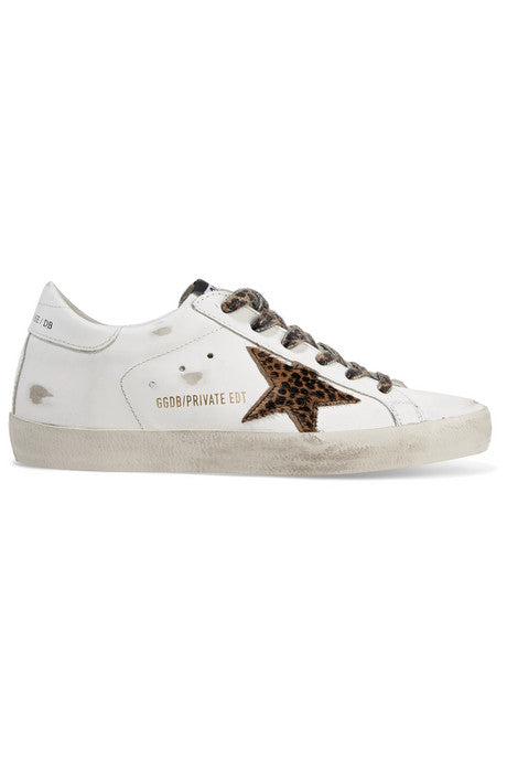 Superstar leopard-print calf hair and distressed leather sneakers