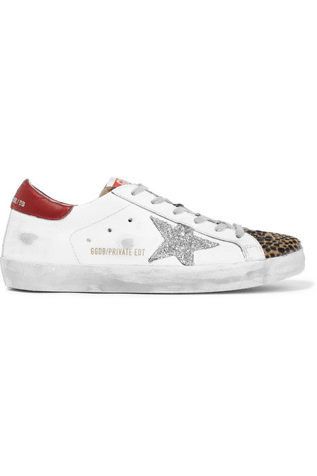 Superstar glittered distressed leather and leopard-print calf-hair sneakers