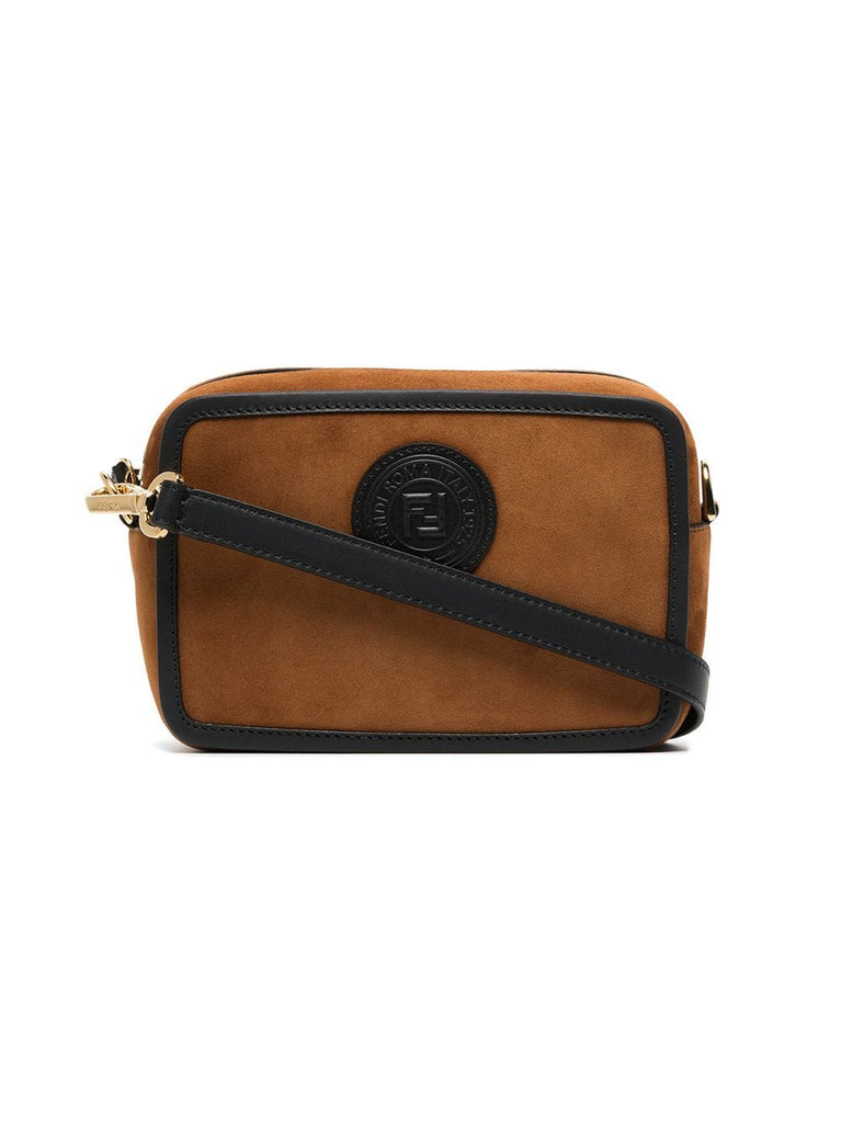 brown logo stamp suede leather camera bag