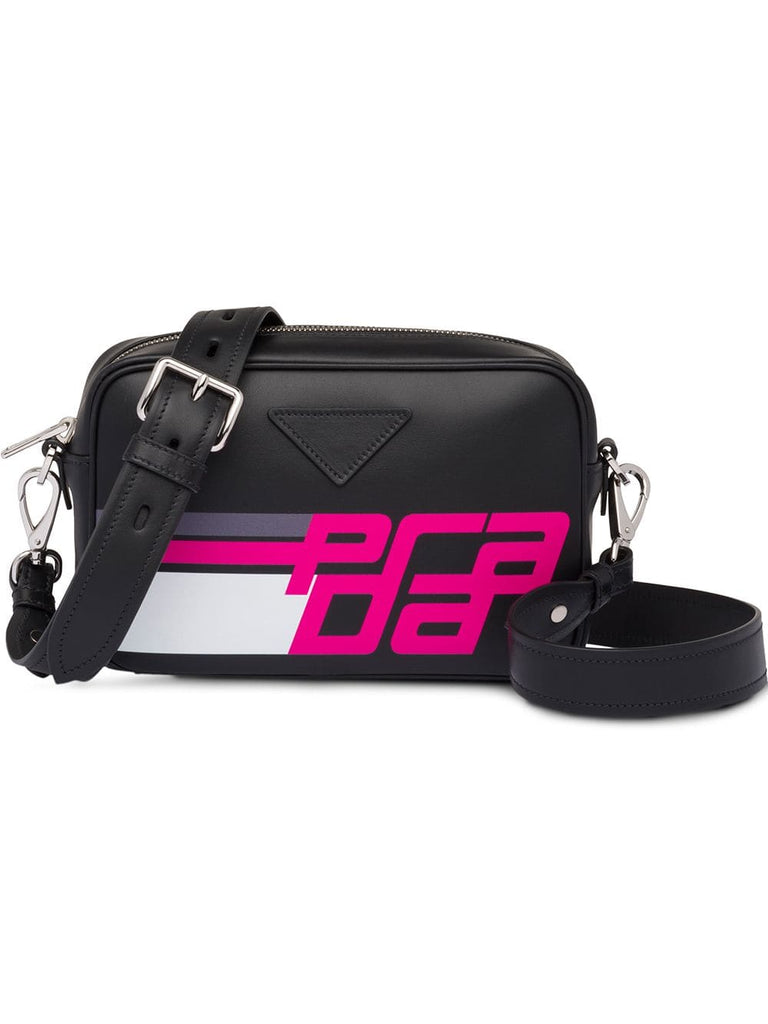 black and pink logo print shoulder bag