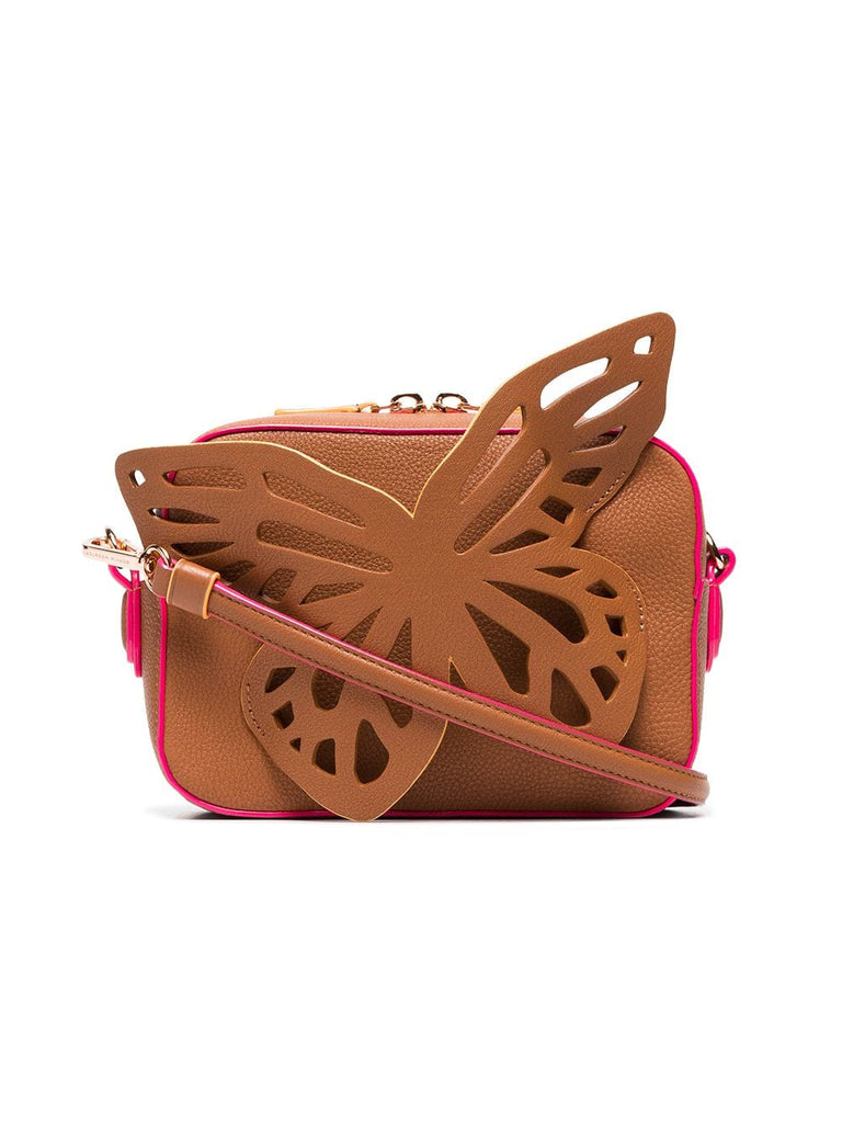 brown flossy butterfly leather camera bag