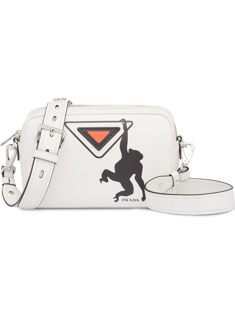 white monkey logo print leather shoulder bag