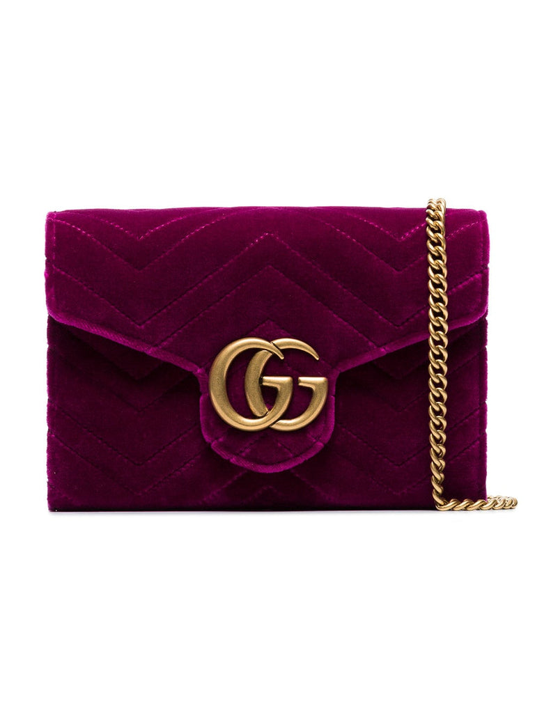 fuchsia GG Marmont velvet wallet on a chain