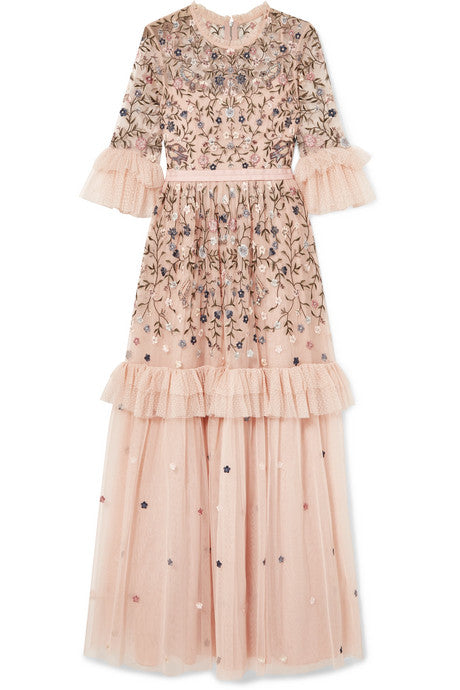 Dusk ruffled point d'esprit and embroidered tulle gown