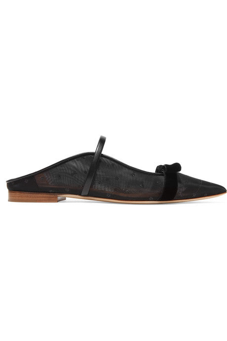 Marguerite velvet and leather-trimmed point d’esprit mesh point-toe flats