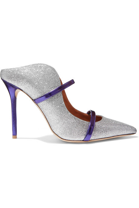 Maureen 100 metallic-trimmed glittered leather mules