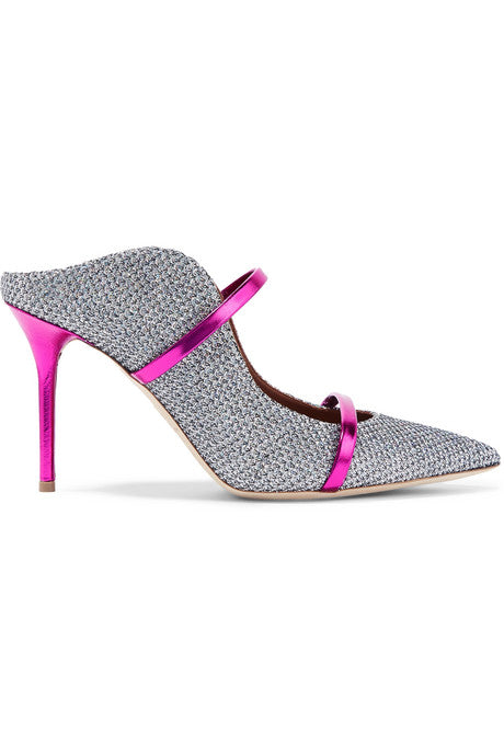 Maureen 85 metallic leather-trimmed lurex mules