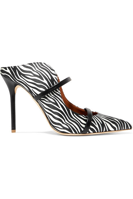 Maureen 85 leather-trimmed zebra-print satin mules