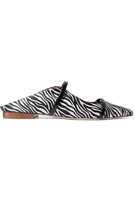 Maureen leather-trimmed zebra-print satin point-toe flats