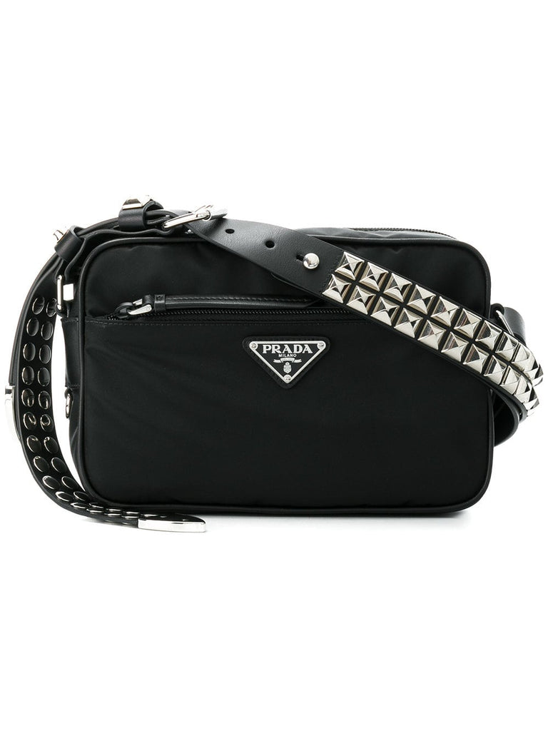 black studded strap textile shoulder bag