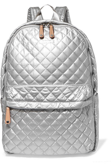 Metro leather-trimmed metallic quilted shell backpack