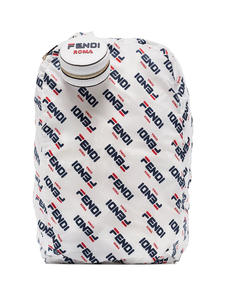 white, blue and red fendi mania fila logo charm backpack