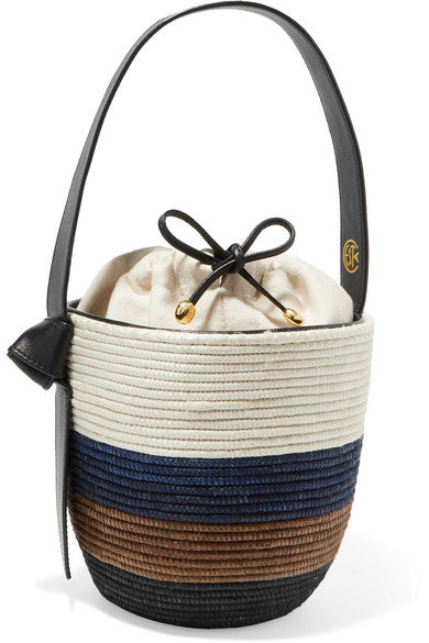 Lunchpail leather-trimmed woven sisal bucket bag