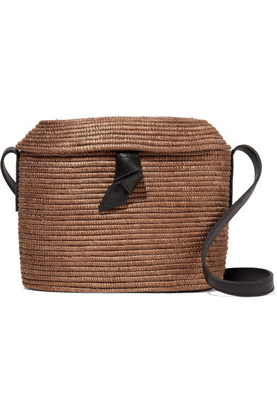 Crossbody leather-trimmed woven sisal shoulder bag