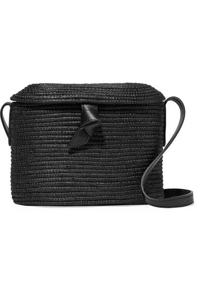 Leather-trimmed woven sisal shoulder bag