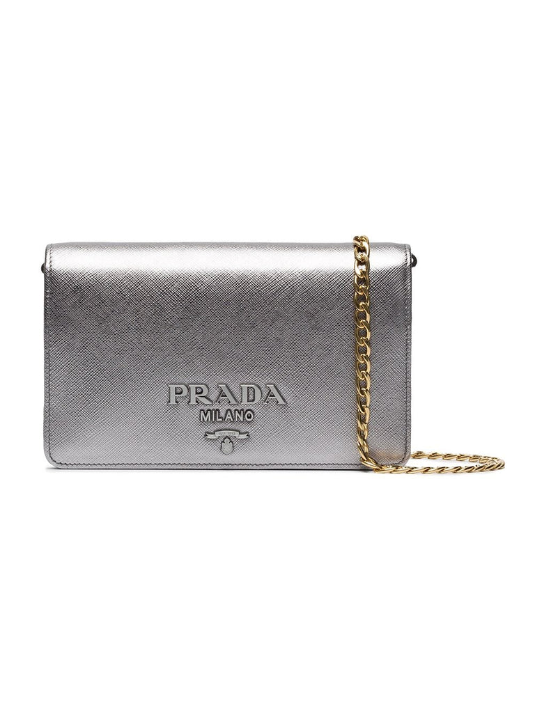 Silver Saffiano leather wallet on chain bag