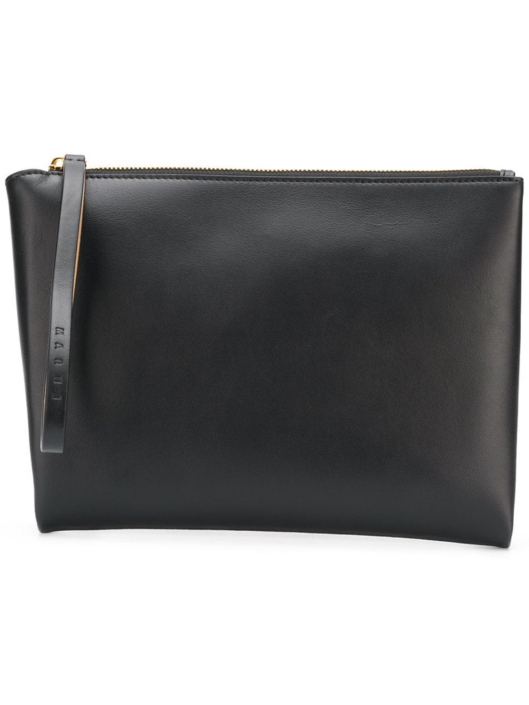 Brown and black leather clutch with handle