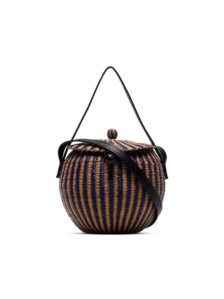 blue and brown Coco straw cross body bag