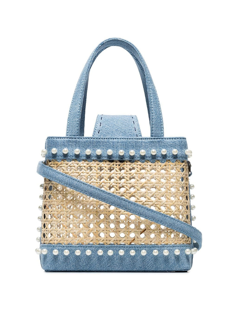 blue Mini Fey Denim and Rattan Bag