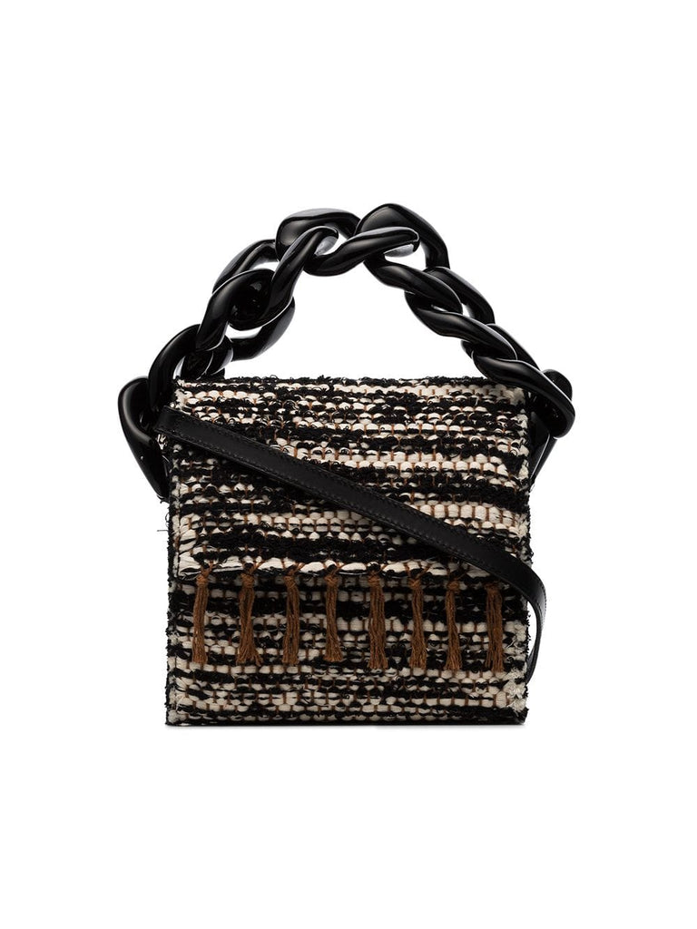 black, white and brown chunky chain woven shoulder bag