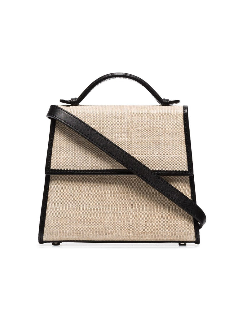 black and neutral top handle straw and leather bag