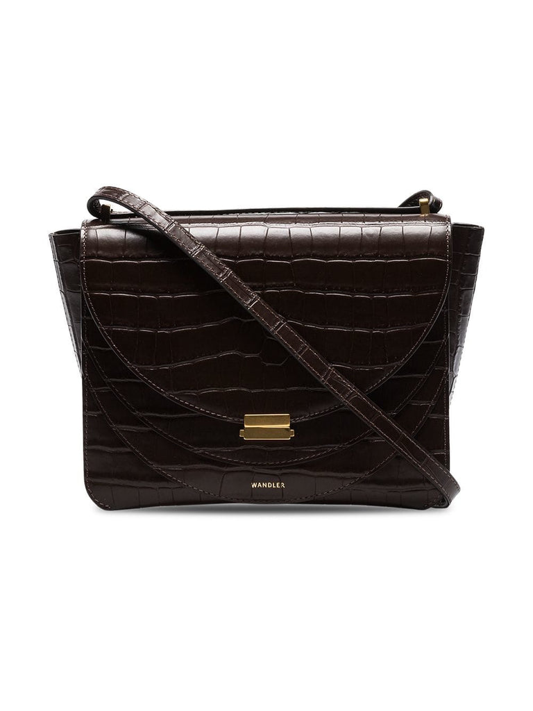 brown luna mock croc leather shoulder bag