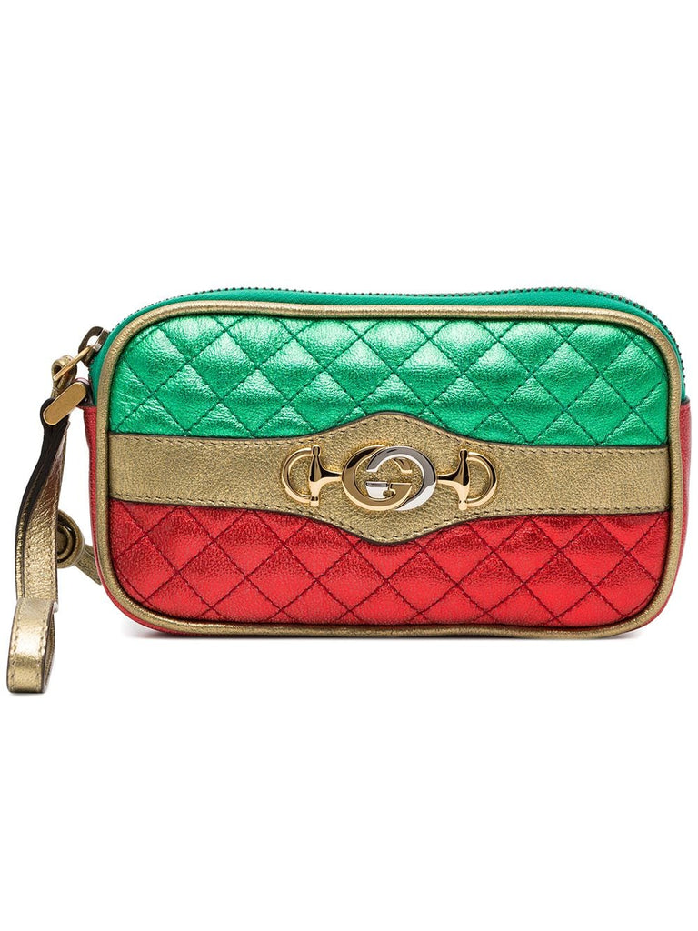 red and green leather metallic quilted purse