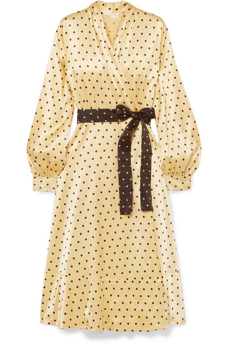 Reflection polka-dot satin midi wrap dress