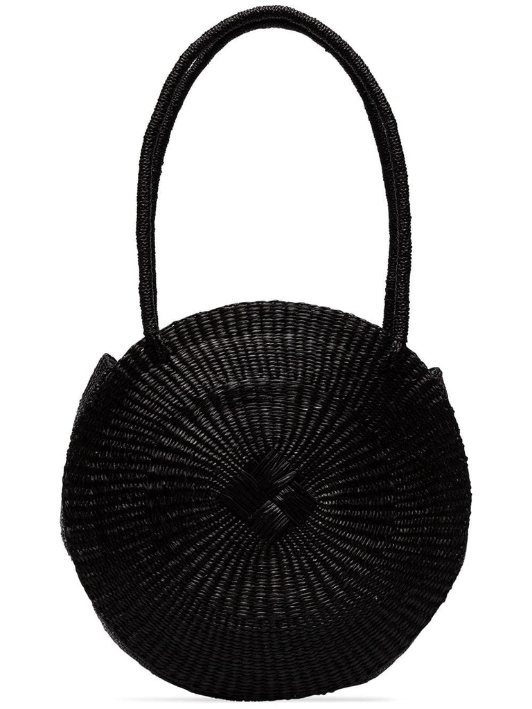 black circle woven straw shoulder bag