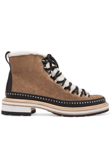 Compass studded leather and shearling-trimmed suede ankle boots