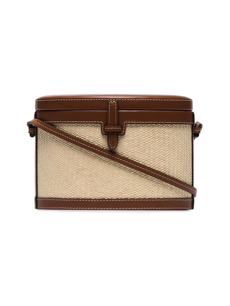 brown straw and leather box bag