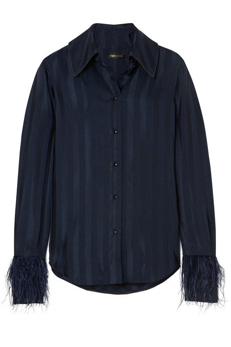 Mei feather-embellished striped satin-jacquard shirt