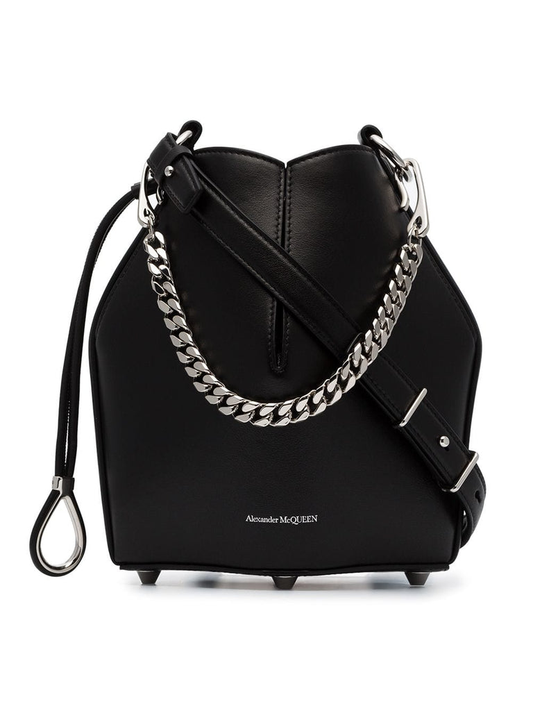 black drawstring fastened structured bucket bag