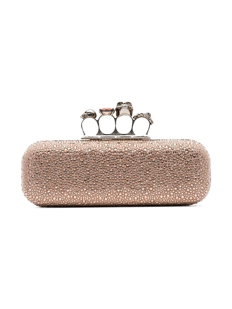 pink crystal embellished four ring suede clutch