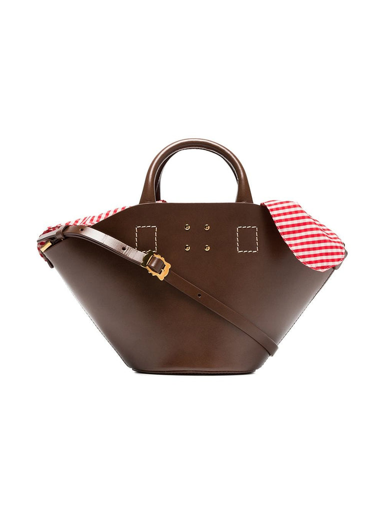 brown small leather basket gingham bag