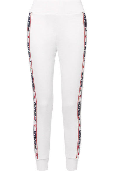 Appliquéd cotton-blend jersey track pants