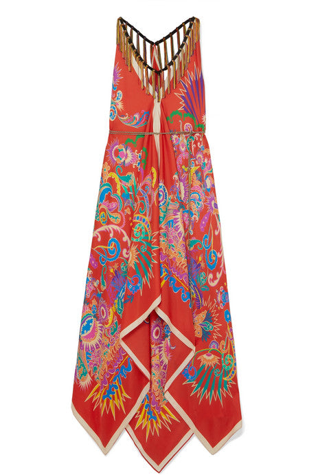 Pampero fringed printed silk-satin dress