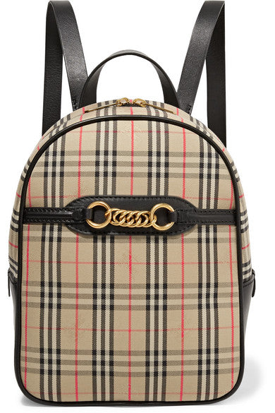 Embellished leather and checked cotton-drill backpack